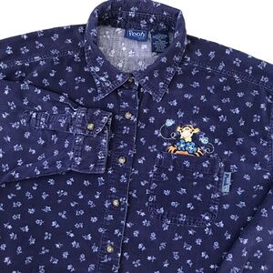 Pooh Disney Button Up Corduroy Shirt Womens XL Blue Tigger Pocket Embroidery 90s